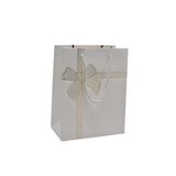 Sacs pelliculés blancs embossés nœud or poignées cordelette 12+7x15 cm 210g/m² – Paquet de 20