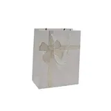 Sacs pelliculés blancs embossés nœud or poignées cordelette 12+7x15 cm 210g/m² – Paquet de 20