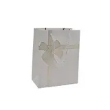 Sacs pelliculés blancs embossés nœud or poignées cordelette 12+7x15 cm 210g/m² – Paquet de 20