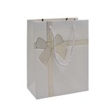 Sacs pelliculés blancs embossés nœud or poignées cordelette 18+10x23 cm 210g/m² – Paquet de 20