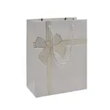 Sacs pelliculés blancs embossés nœud or poignées cordelette 18+10x23 cm 210g/m² – Paquet de 20