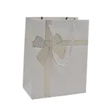 Sacs pelliculés blancs embossés nœud or poignées cordelette 18+10x23 cm 210g/m² – Paquet de 20