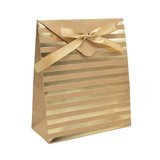 Pochette cadeau papier kraft brun à rayures or avec rabat et ruban satiné 18x8x21cm – Paquet de 20