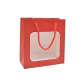 Sac pelliculé rouge mat à fenêtre 18 x 8 x 19 cm poignées cordelettes - Lot de 20