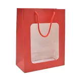 Sac pelliculé rouge mat à fenêtre 22 x 11 x 28 cm poignées cordelettes - Lot de 20