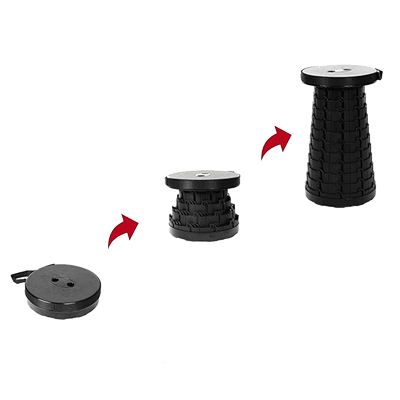 Tabouret télescopique pliant noir plastique Ø25cm H45cm, coussin intégré