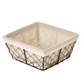Corbeille métal carrée marron avec tissu beige 22 x 22 x 9 cm - Corbeilles métal