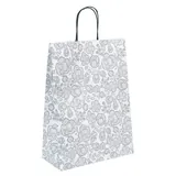 Sac cadeau motif floral gris / blanc poignées noires 27 x 12 x 37 cm - Sac cadeau papier - Lot de 50