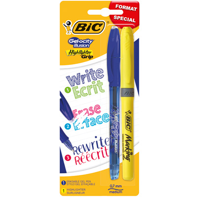 Stylo gel effaçable bleu + 1 surligneur jaune fluo - Stylos à bille