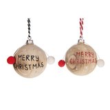 Boule en bois Merry Christmas avec pompons - Décors à suspendre