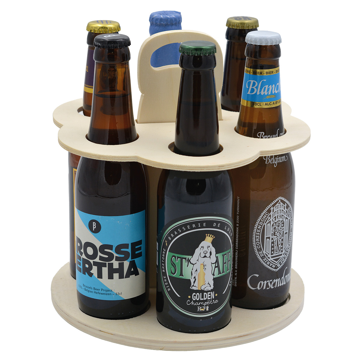 Tourniquet porte bouteilles de bière en bois avec poignée 6 bières 33 cl