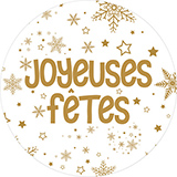 Étiquettes cadeaux adhésives rondes Joyeuses Fêtes flocon or/blanc ø65 mm – Paquet de 200