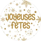 Étiquettes cadeaux adhésives rondes Joyeuses Fêtes flocon or/blanc ø65 mm – Paquet de 200