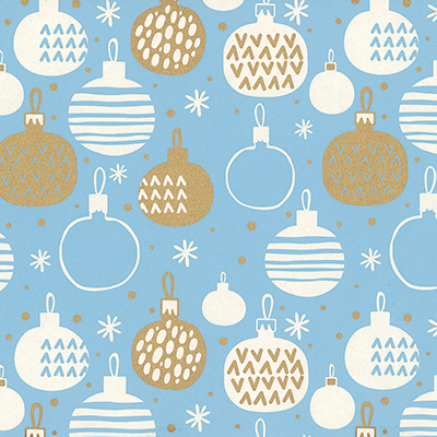 Papier cadeau kraft blanc boules de Noël bleu/or 70 cm x 25 m 60 g/m² – le rouleau