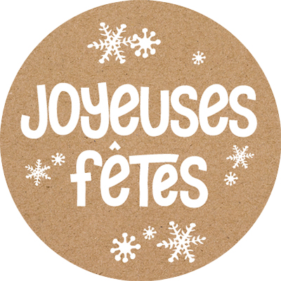 Étiquettes cadeaux adhésives rondes Joyeuses Fêtes flocons brun/blanc ø35 mm – Paquet de 500