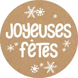 Étiquettes cadeaux adhésives rondes Joyeuses Fêtes flocons brun/blanc ø35 mm – Paquet de 500