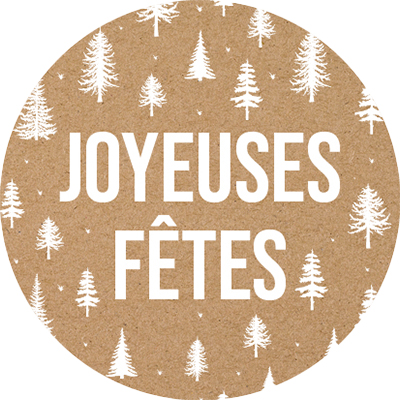 Étiquettes cadeaux adhésives rondes Joyeuses Fêtes sapins brun/blanc ø35 mm – Paquet de 500
