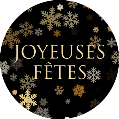 Étiquettes cadeaux adhésives rondes Joyeuses Fêtes flocons noir/or ø35 mm – Paquet de 500