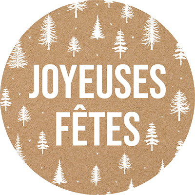 Étiquettes cadeaux adhésives Joyeuses Fêtes sapins brun/blan