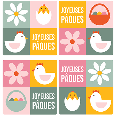 Assortiment étiquettes cadeaux carrées adhésives Joyeuses Pâques 35x35mm – Lot de 500