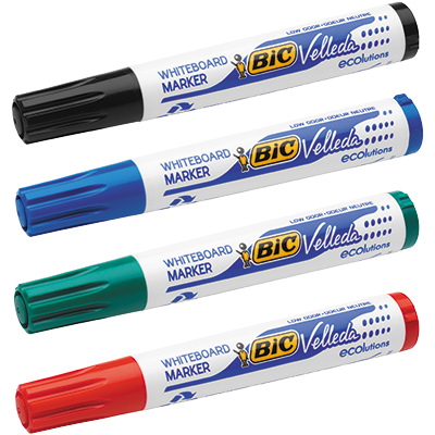 Marqueurs effaçables pour tableau blanc - BIC Velleda 1701 Ecolutions (Noir/Bleu/Rouge/Vert) - Pointe ogive - Étui de 4