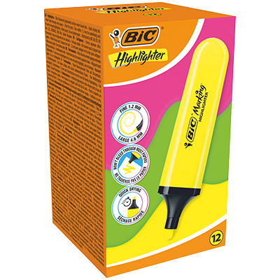 Surligneur plat BIC Marking Flat Jaune Fluo - Boîte de 12