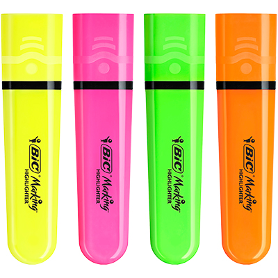 Surligneur BIC Highlighter Flat Néon Fluo pointe biseautée – Pack de 4 couleurs