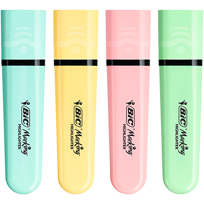Surligneur BIC Highlighter Flat Pastel Fluo pointe biseautée – Pack de 4 couleurs