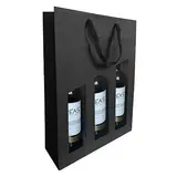 Sac 3 bouteilles noir à fenêtre poignées coton 28,5+9,5x38,5 cm – Paquet de 10