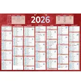 Calendrier mural annuel 2026 7 mois recto verso - 38,5 x 54 cm - rouge - recyclé - recyclable - congés scolaires, fêtes, lunaisons - Origine France Garantie