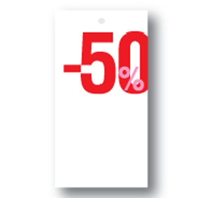 Étiquette à trou -50 % 50 × 95 mm rouge / blanc - Etiquette soldes - Lot de 100 - Étiquettes Soldes
