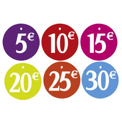 Étiquettes à trou Prix ronds Ø 5 cm – Coloris assortis - Paquet de 150 - Étiquettes Soldes