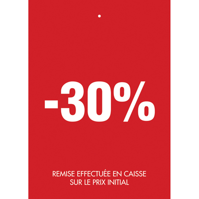 Etiquette à trou -30% rouge blanc 50x70mm - Etiquette soldes - Lot de 250 - Étiquettes Soldes