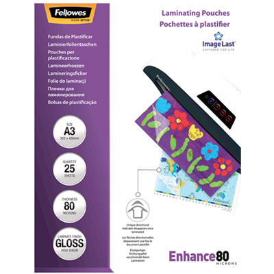 Pochettes de plastification à chaud A3 80 microns, paquet de 25, brillantes - Fellowes© - Plastifieuses