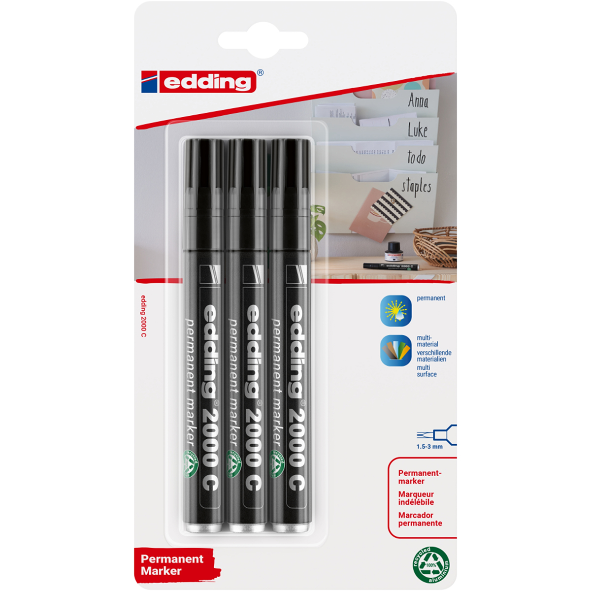 Marqueurs indélébiles 2000 C Noir pointe ogive 1,5 à 3 mm - Lot de 3 - Marqueurs-1