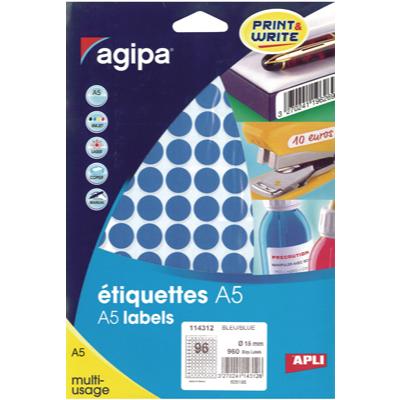Pastille adhésive permanente Bleue ø 15 mm Agipa - Pastille de signalisation - Étui de 960 - Gommettes de couleur