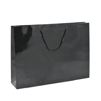 Sac pelliculé noir brillant poignées cordelette 45,7 + 10,2 x 33 cm - Paquet de 20 - Sacs pelliculés poignées cordelette