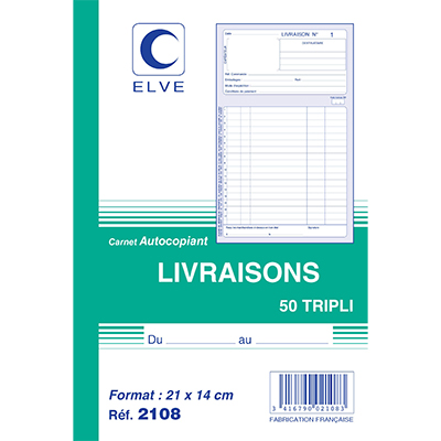 Carnet de Bon de livraison Elve Manifold A5 140 x 210 mm 50 pages autocopiantes 3 exemplaires - Livraisons