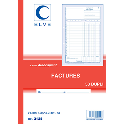 Cahier de facture Elve Manifold A4 210 x 297 mm 50 pages autocopiantes 2 exemplaires - Factures