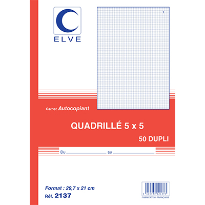 Carnet manifold autocopiant quadrillé 5x5 - 21 x 29,7 cm - 50 feuilles 2 exemplaires - Carnets autocopiants