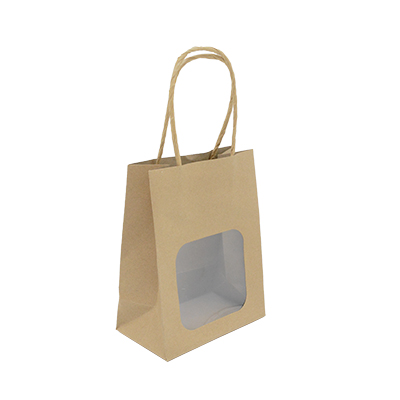 Sac kraft avec fenêtre et poignées torsadées, brun, 11 + 6 x 14 cm, paquet de 20 - Sacs kraft à fenêtre-1