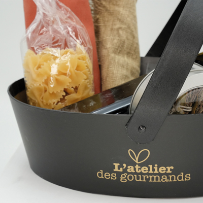 Corbeille carton ovale 1 anse Épicerie fine 26 x 19,3 x 8 cm noir / brun, paquet de 6 - Corbeilles carton-3