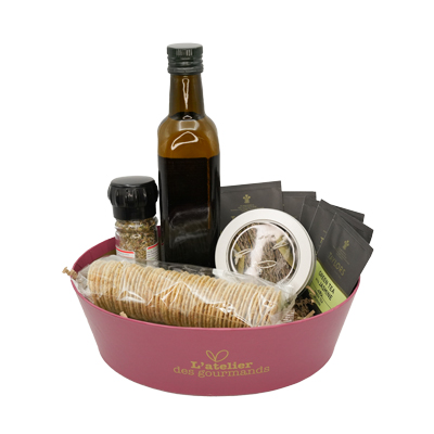 Corbeille carton ovale Épicerie fine 26 x 19,3 x 8 cm bordeaux / brun, paquet de 6 - Corbeilles carton-1