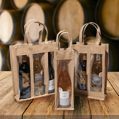 Sacs jute 2 bouteilles à fenêtres - Sacs pour bouteilles de vin-2