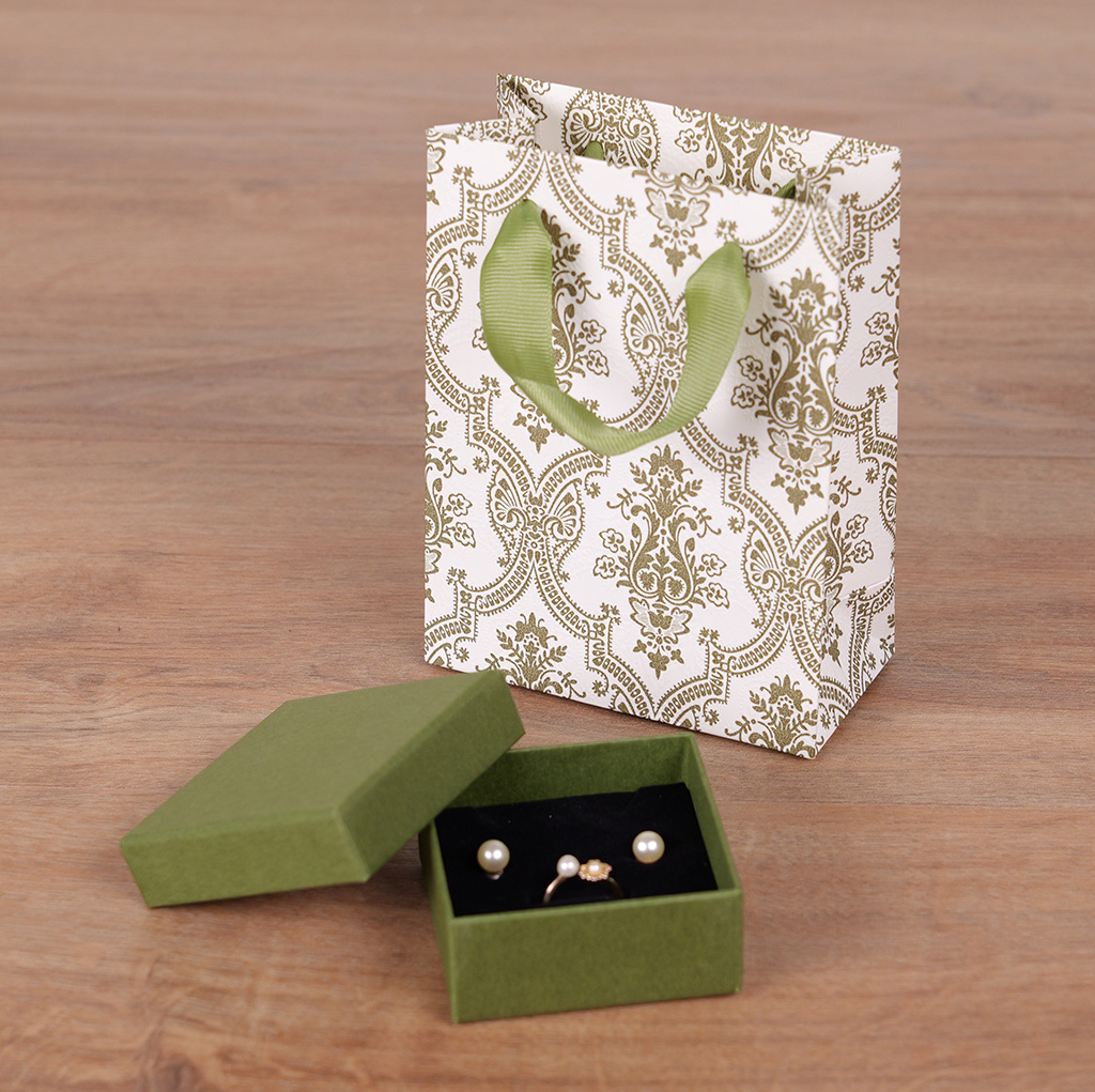 Sac luxe blanc / vert motif baroque et poignées ruban – L 12 x P 6 x H 16 cm – Paquet de 20 - Sacs kraft luxe-3