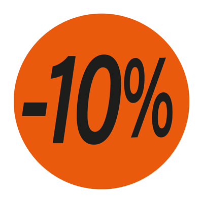 Pastille adhésive promo '-10%' rond ø 36 mm, Orange fluo - Sticker promo - Lot de 500 - Gommettes adhésives évènementielles