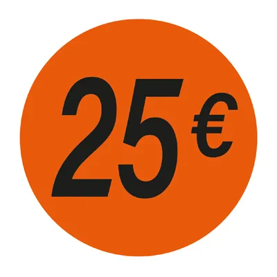 Pastille adhésive '25€' rond ø 36 mm, Orange fluo - Sticker promo - Lot de 500 - Gommettes adhésives évènementielles
