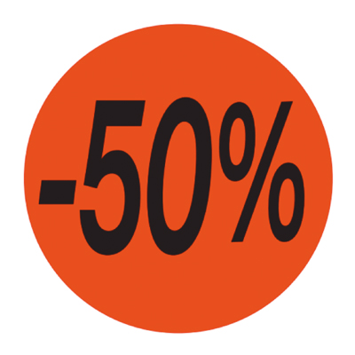 Pastille adhésive promo '-50%' rond ø 36 mm, Orange fluo - Sticker promo - Lot de 500 - Gommettes adhésives évènementielles
