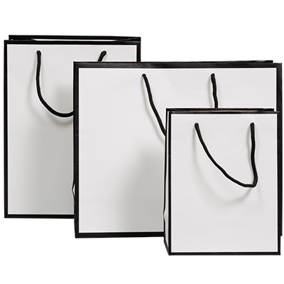 Sac papier luxe pelliculé blanc liseré noir 36 + 13 x H 30 cm - Sac cadeau - Paquet de 20 - Sacs pelliculés poignées cordelette-1