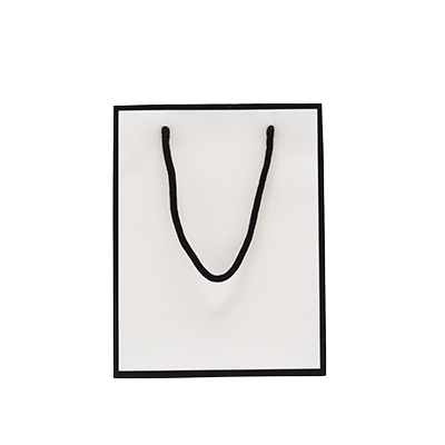 Sac papier luxe pelliculé blanc liseré noir 18 + 10 x H 22 cm - Sac cadeau - Paquet de 20 - Sacs pelliculés poignées cordelette-1